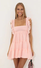 Chiffon Baby Doll Ruffle Dress in Pink
