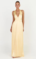 Kayla Maxi Dress - Plunge Neckline Pleated Halter Dress in Butter Yellow