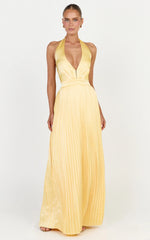 Kayla Maxi Dress - Plunge Neckline Pleated Halter Dress in Butter Yellow