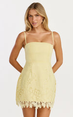 Maisie Mini Dress - Broderie Cut Out Border Hem Dress in Lemon