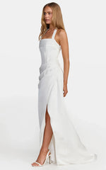 Amber Maxi Dress - Corset Bodice Draped Skirt Halter Dress in White
