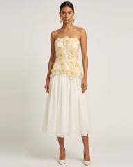 Flower Embroidered Strapless Midi Dress - Ivory