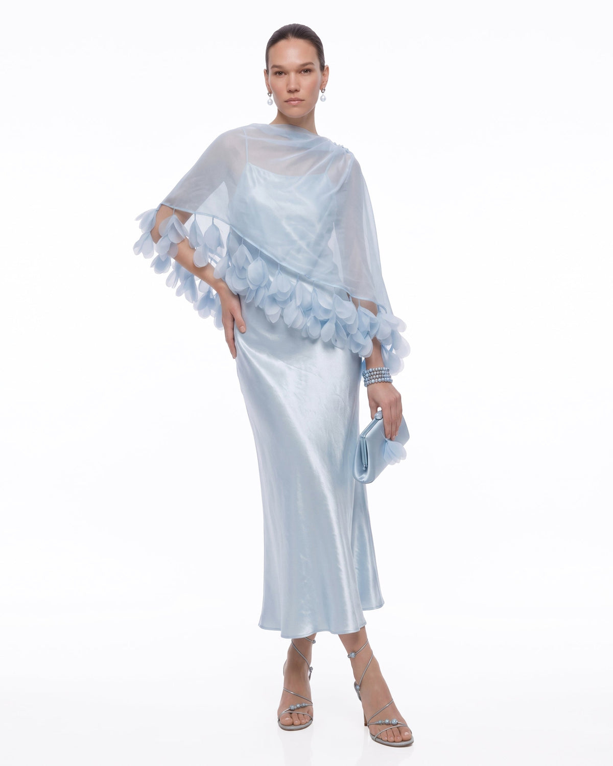3D Floral-Trim Sheer Cape Satin Midi Dress - Light Blue