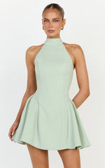 Violet Mini Dress - Halterneck A Line Dress in Sage