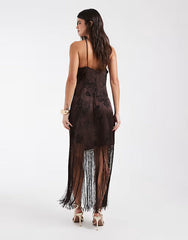 Vero Moda Cami Strap Mini Dress With Fringe Detail Skirt In Chocolate Brown