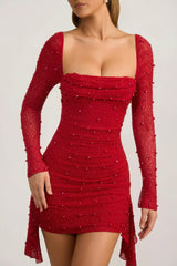 Embellished Cowl-Neck Draped Mini Dress in True Red