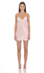 Lace Sequin Plunge Mini Dress in Pink