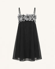 Flower Embroidered Detail Spaghetti Strap Mini Dress - Black