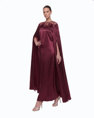 3D Floral Cape Maxi Dress - Deep Burgundy