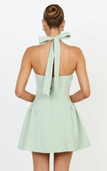 Violet Mini Dress - Halterneck A Line Dress in Sage