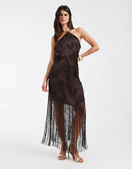 Vero Moda Cami Strap Mini Dress With Fringe Detail Skirt In Chocolate Brown