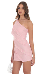 Ruffle Rhinestone One Shoulder Dress in Pink