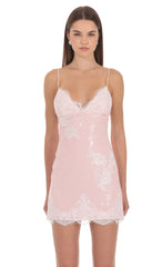 Lace Sequin Plunge Mini Dress in Pink