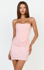Rachel Mini Dress - Strapless Corset Bodice Draped Skirt Dress in Light Pink