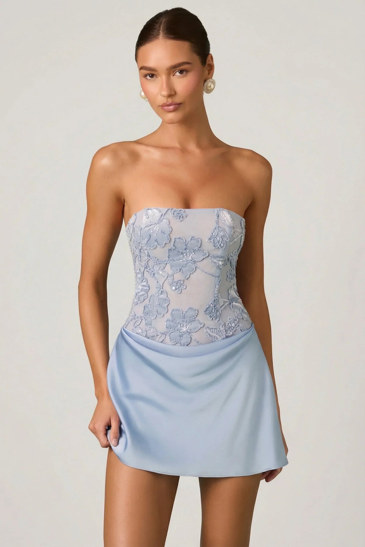 Embellished Draped Strapless A-Line Mini Dress in Sky Blue