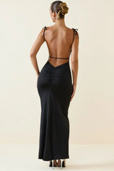 Ruched Backless Maxi Dress in Black
