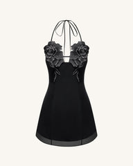 Flower Embroidered Mini Dress - Black