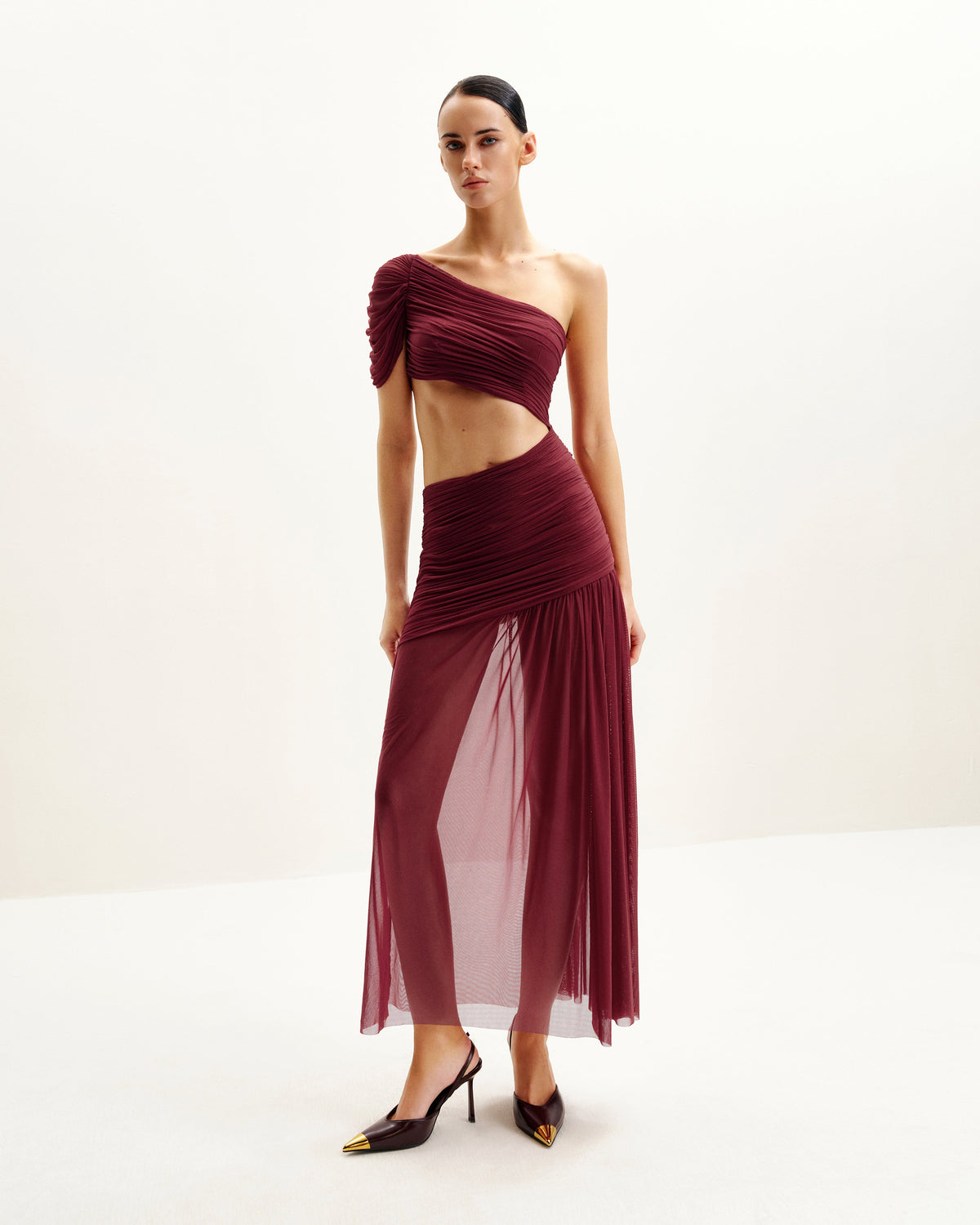 Mia Pleated Mesh Dress - Burgundy