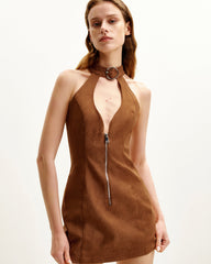 Ruby Halter Neck Zipper Mini Dress - Brown