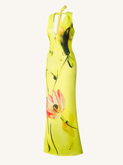 Floral Satin Halter Dress - Yellow/Pink