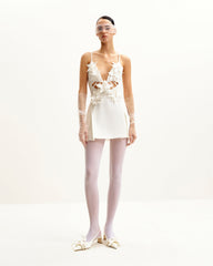 Yuliya White Floral Embellishment V-neckline Mini Dress - White
