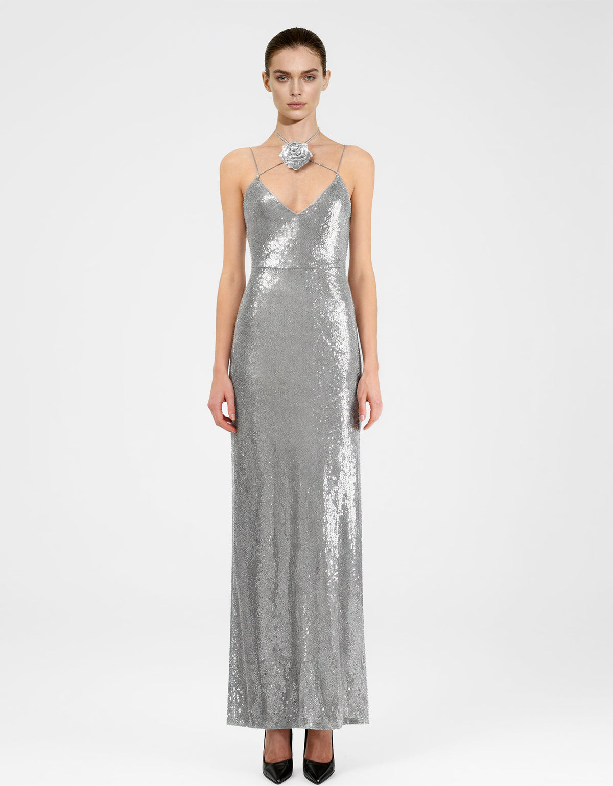 Heisey Silver Sequinned Rosette Maxi Dress - Silver