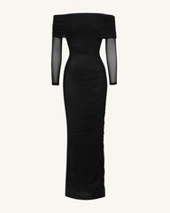 Ruched Off-Shoulder Mesh-Sleeve Mermaid Maxi Dress - Black