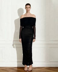 Ruched Off-Shoulder Mesh-Sleeve Mermaid Maxi Dress - Black