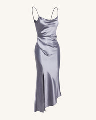 Liquid Satin Cowl-Slit Gown - Silver