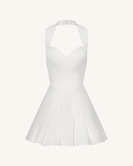 Pleated Bustier Halter Mini Dress - White