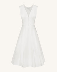 Front V-Neck Pleated Midi Dress - White