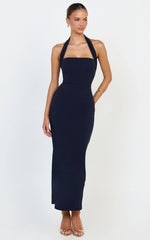 Salome Midi Dress - Halter Neck Column Dress in Navy
