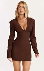 Zyla Mini Dress - Wide Shoulder Sweetheart Neck Fitted Dress in Chocolate