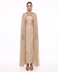 Beaded Sheer Cape Jacquard Maxi Dress - Champagne