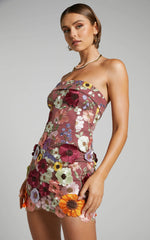 Wren Mini Dress - Strapless Bodycon Garden Flowers Dress in Burgundy