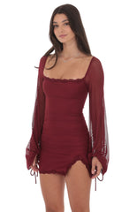 Mesh Lace Ruched Dress in Maroon
