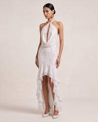 Orchid Beaded Embroidered Halter Cowl Neck High-Low Maxi Dress - White
