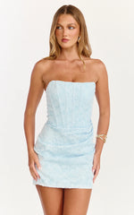 Rachel Mini Dress - Strapless Corset Bodice Draped Skirt Dress in Ice Blue