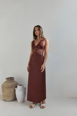 Romantic One Satin Maxi Dress Brown