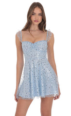 Sequin Ruffle Strap A-Line Dress in Light Blue