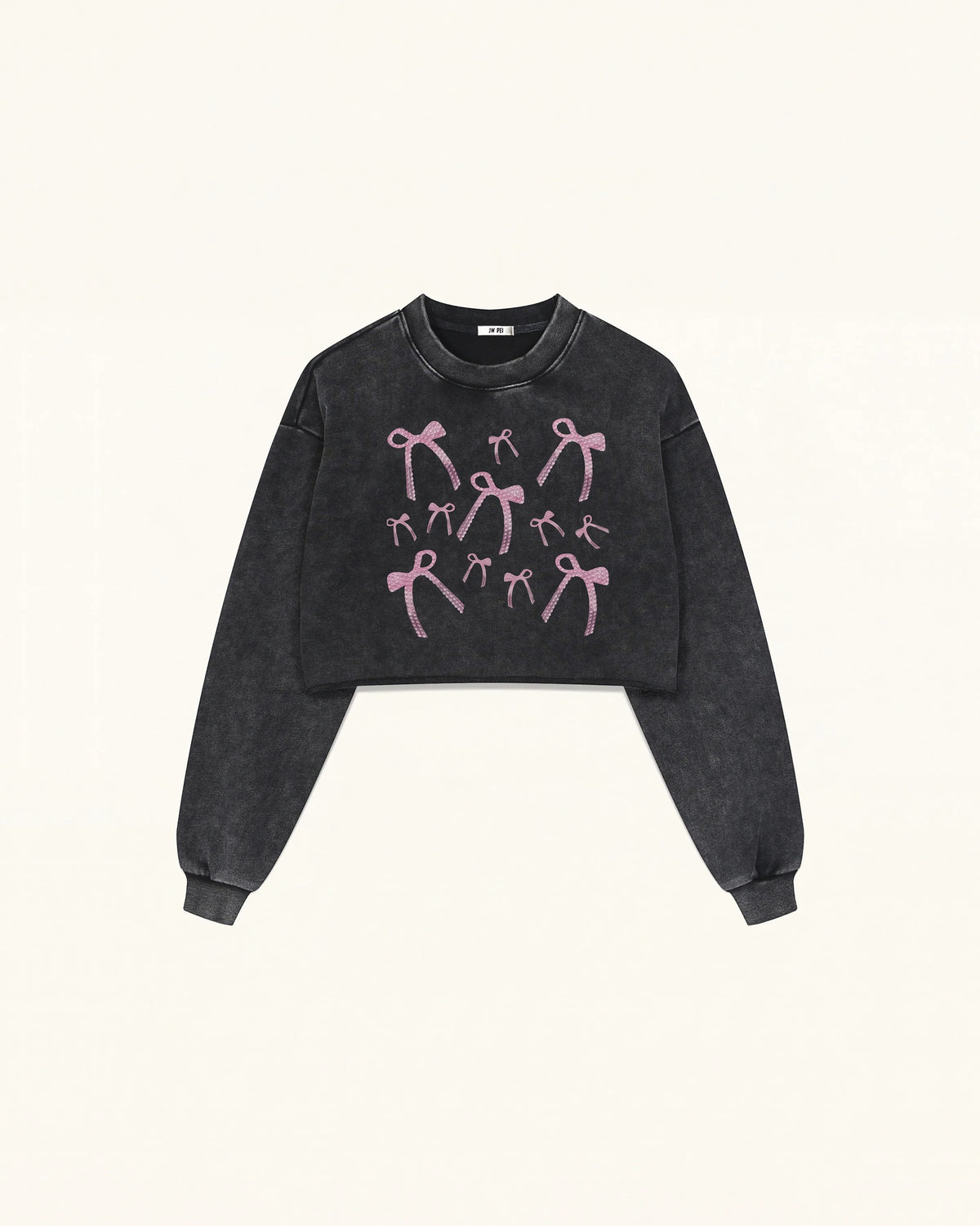 Sparkling Pink Crystal Bow Cropped Sweatshirt - Black