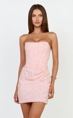 Rachel Mini Dress - Strapless Corset Bodice Draped Skirt Dress in Light Pink