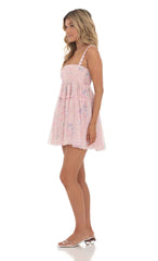 Dotted Floral Babydoll Dress in Pink