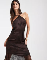 Vero Moda Cami Strap Mini Dress With Fringe Detail Skirt In Chocolate Brown