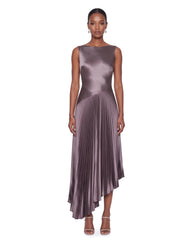 Satin Cowl-Back Pleated Asymmetric Midi Dress - Mauve