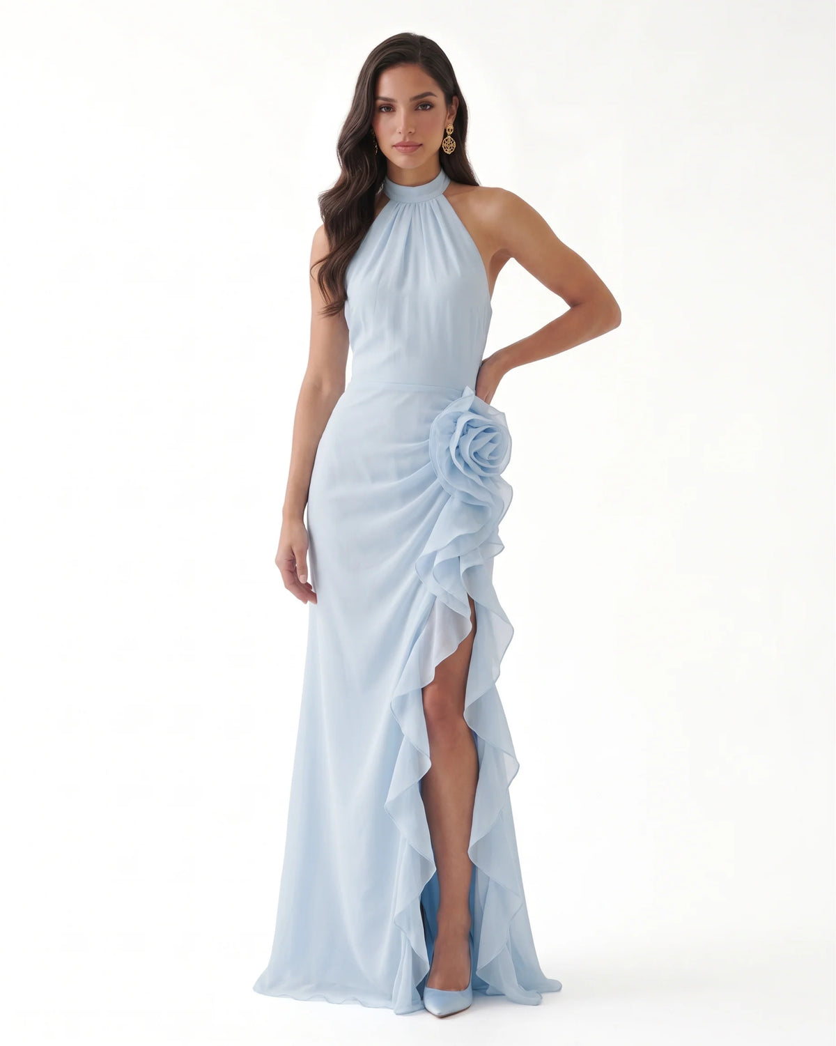 Halter Ruffle Rosette Slit Maxi Dress - Light Blue