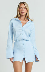 Gretel Mini Dress - Collared Button Front Relaxed Shirt Fitted Skirt Dress in Pale Blue