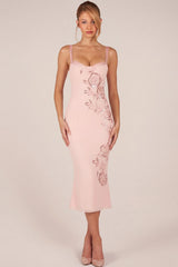 Embellished Peekaboo Fluted-Hem Midaxi Dress in Pink