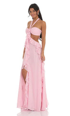 Chiffon Cutout Ruffle Maxi Dress in Pink
