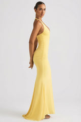 Ruched Backless Halterneck Gown in Pastel Yellow